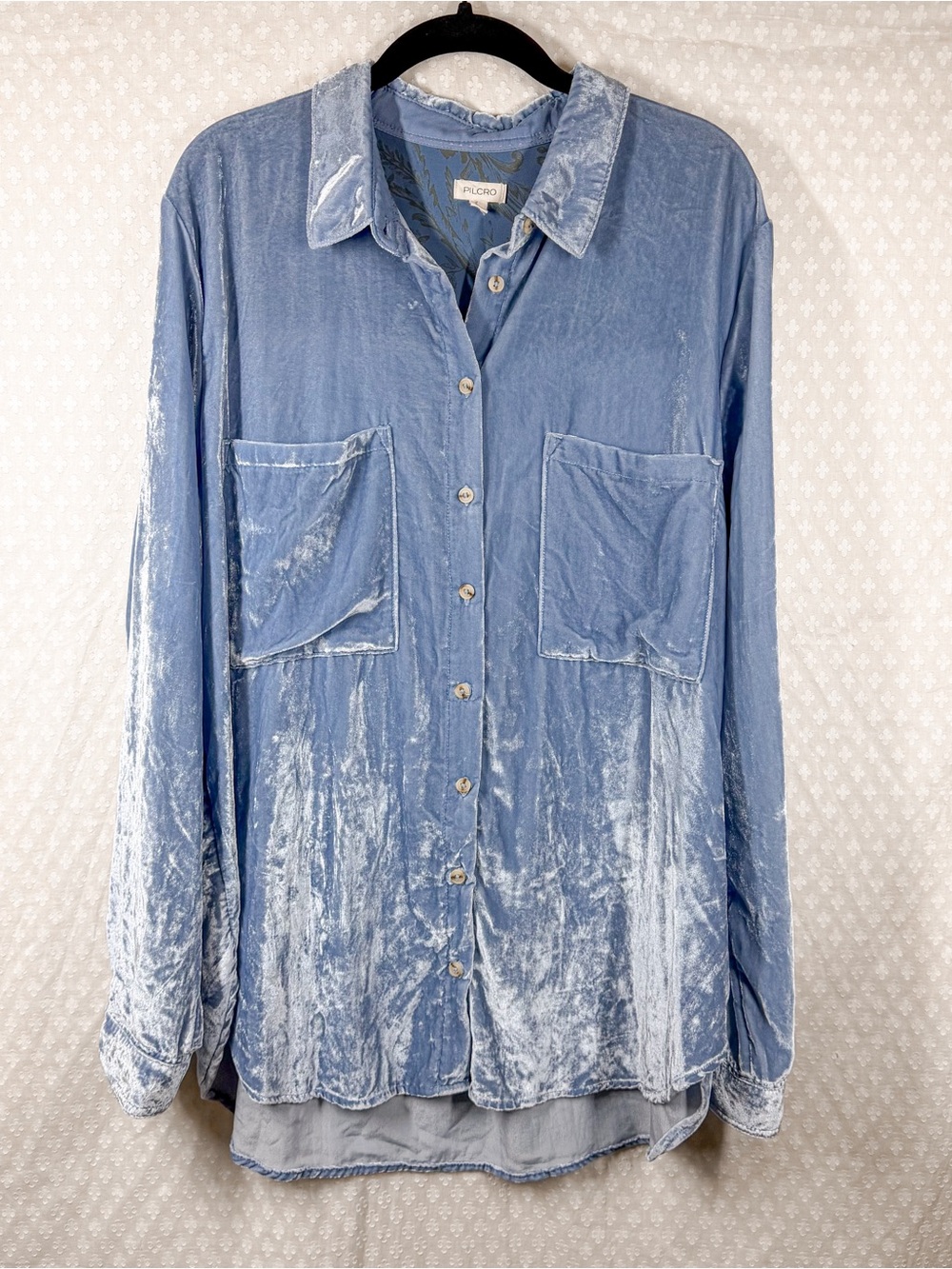 Anthropologie Pilcro Blue Crushed Velvet The Hadley Button Down Top - Picture 2 of 5